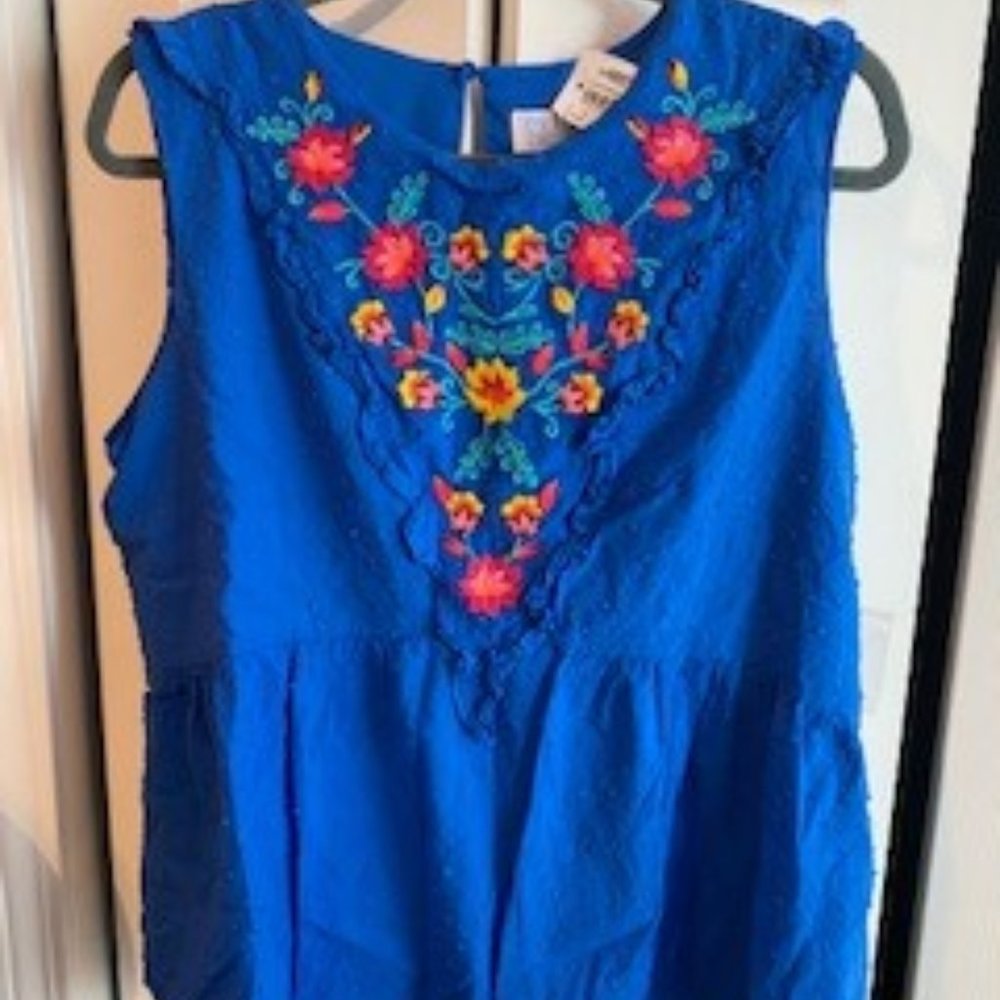 Blue Embroidered Tank Top